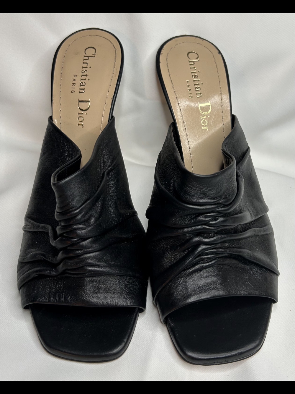 Dior Black Leather Ruched Slide Sandals
